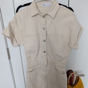 Zara Beige Button-Up Jumpsuit